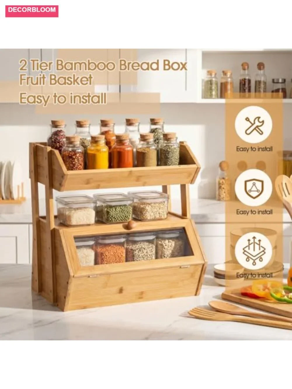 2 Tier Bamboo Bread Box with Fruit Basket for Kitchen Countertop Storage